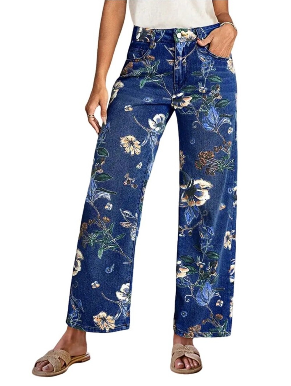 Floral Wide-Leg - High Rise Denim Jeans - Blue